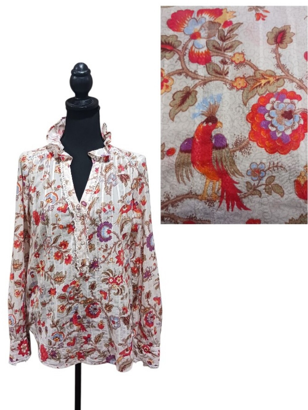 Sundance Ruffle Collar Floral Pheasant Relaxed Blouse Lace Trim